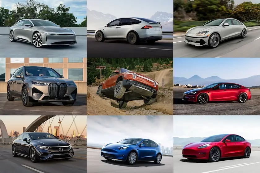 Tổng hợp các dòng xe điện cao cấp: Tesla (Model Y, 3, S, X), Lucid Air, Rivian R1T (bán tải) và các đối thủ châu Âu (BMW, Mercedes, Hyundai)